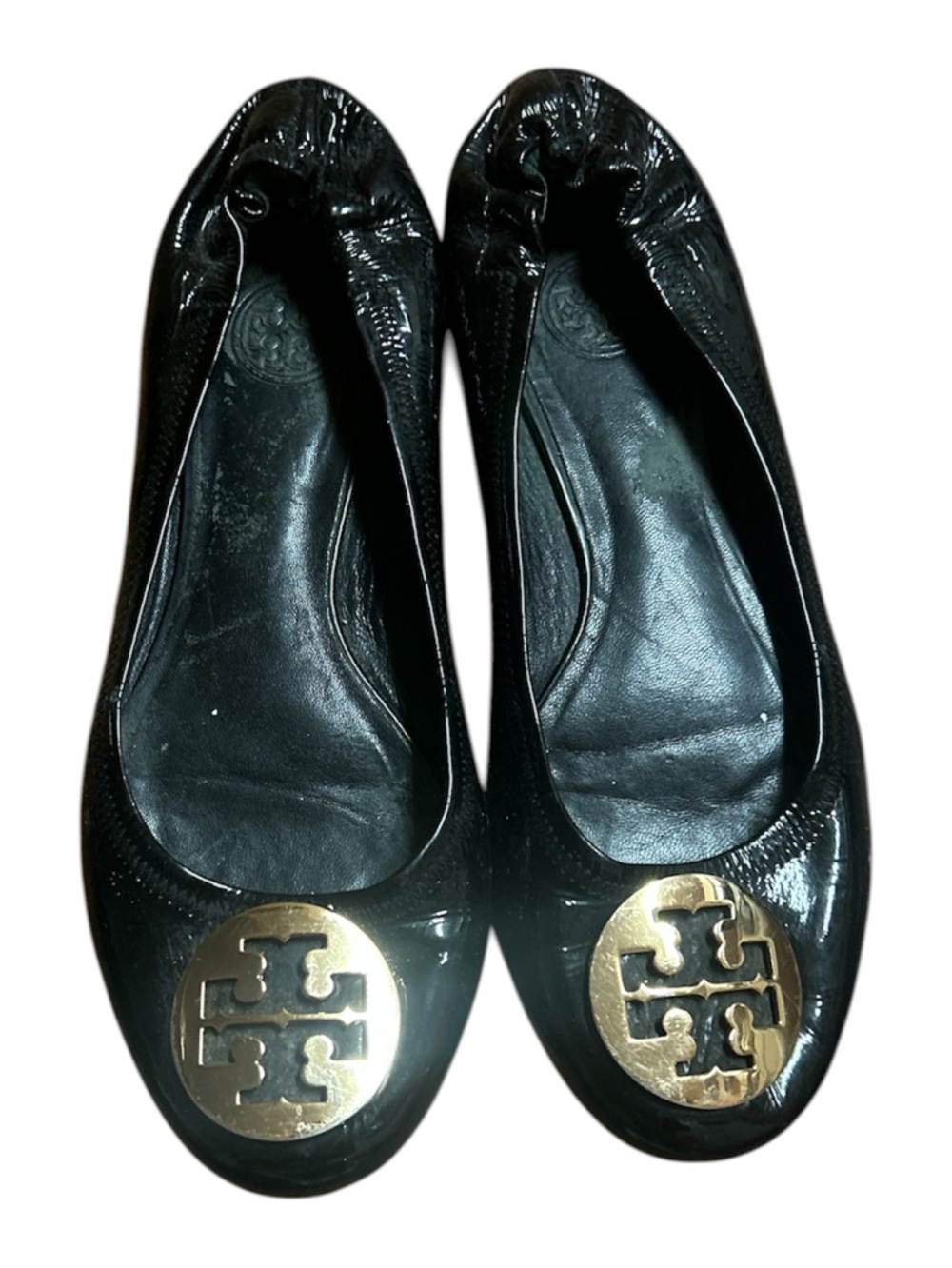 Tory Burch Black Patent Leather Ballet Flats with Gold Logo Medallion